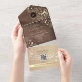 QR Code Rustiek Hout Roze Goud Bruiloft All In One Uitnodiging (Afscheurbaar)