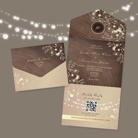 QR Code Rustiek Hout Roze Goud Bruiloft All In One Uitnodiging