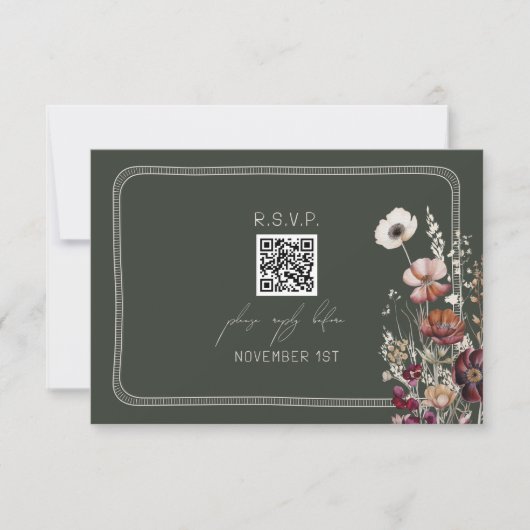 QR Code Rustieke Anemoon Bloemen Groene Huwelijk R RSVP Kaartje (Voorkant)
