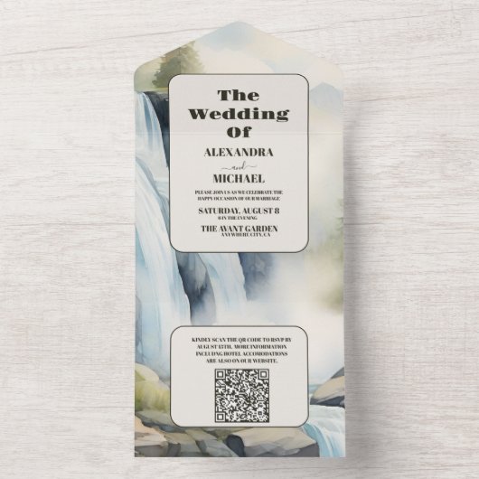 QR Code Rustieke Berg Waterval Boho Bruiloft All In One Uitnodiging (Binnen)