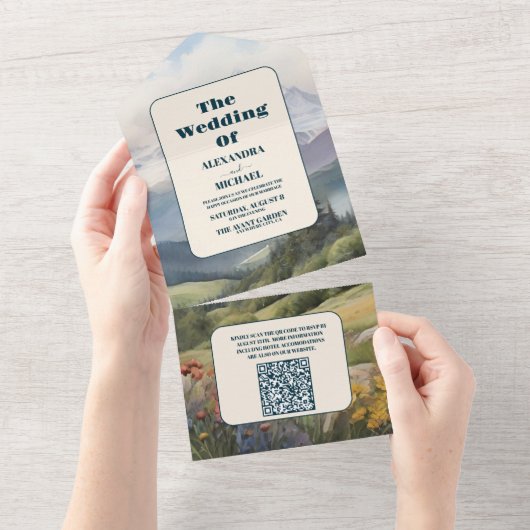 QR-code rustieke berg weide bruiloft All In One Uitnodiging (Afscheurbaar)