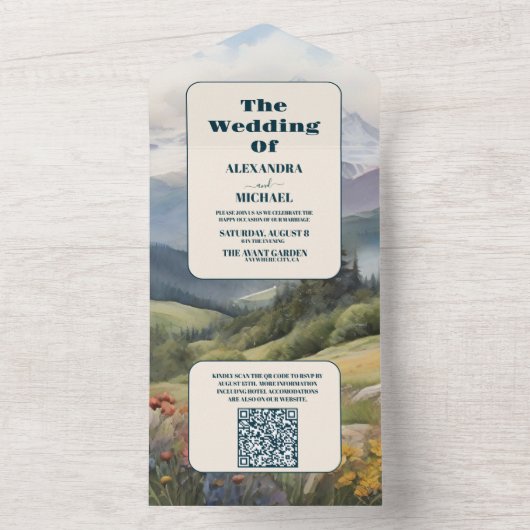 QR-code rustieke berg weide bruiloft All In One Uitnodiging (Binnen)