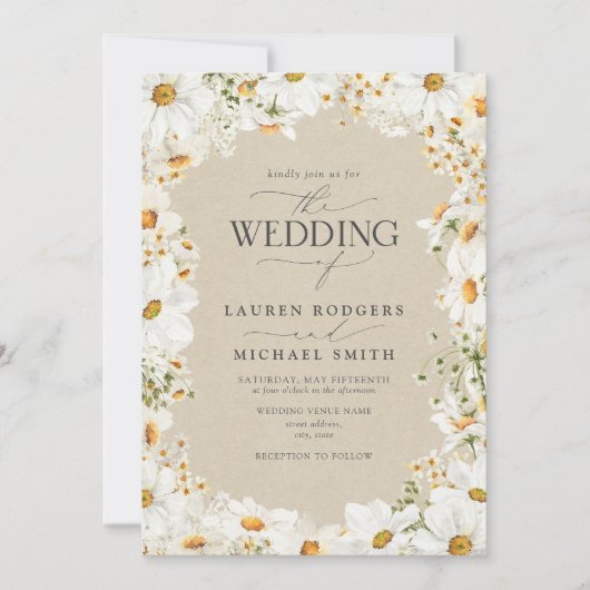 QR Code Rustieke Waterverf Daisy Flowers Bruiloft Kaart (Voorkant)