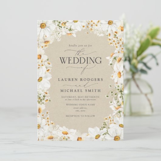 QR Code Rustieke Waterverf Daisy Flowers Bruiloft Kaart (Staand voorkant)