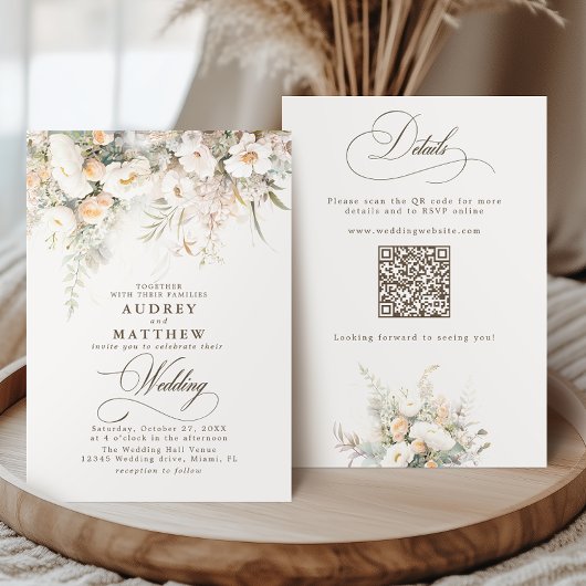 QR Code Rustieke Witte Bloemen Wedding Kaart