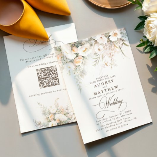 QR Code Rustieke Witte Bloemen Wedding Kaart