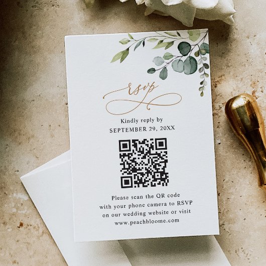 QR-code Rustige Eucalyptus Greenery Gold Wedding RSVP Kaartje