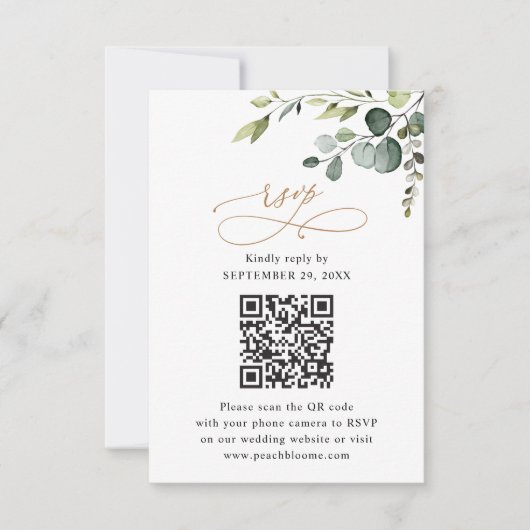 QR-code Rustige Eucalyptus Greenery Gold Wedding RSVP Kaartje (Voorkant)