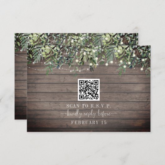 QR-code Rustige houten plaat Botanische bruiloft R RSVP Kaartje (Voorkant / Achterkant)