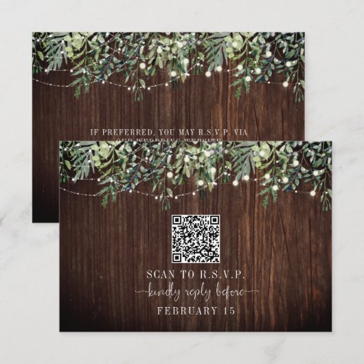 QR-code Rustisch hout Botanisch huwelijk RSVP Kaartje (Voorkant / Achterkant)