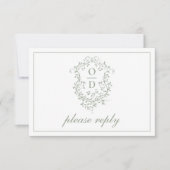 QR Code Sage Green Crest Monogram Huwelijk RSVP Kaartje (Voorkant)