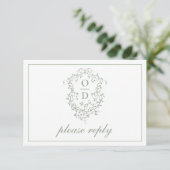 QR Code Sage Green Crest Monogram Huwelijk RSVP Kaartje (Staand voorkant)