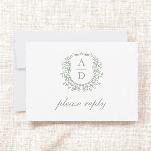 QR Code Sage Green Crest Monogram Huwelijk RSVP Kaartje