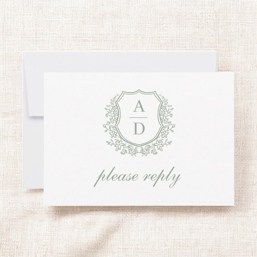 QR Code Sage Green Crest Monogram Huwelijk RSVP Kaartje