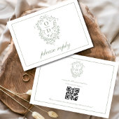 QR Code Sage Green Crest Monogram Huwelijk RSVP Kaartje