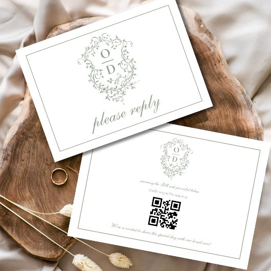 QR Code Sage Green Crest Monogram Huwelijk RSVP Kaartje