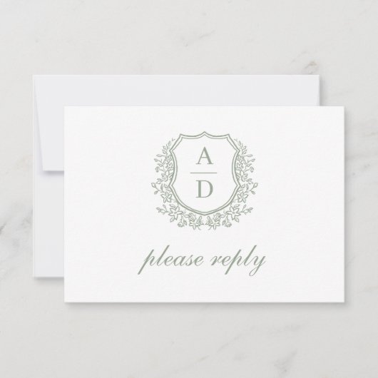 QR Code Sage Green Crest Monogram Huwelijk RSVP Kaartje (Voorkant)