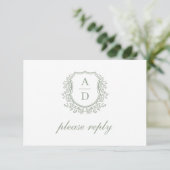 QR Code Sage Green Crest Monogram Huwelijk RSVP Kaartje (Staand voorkant)
