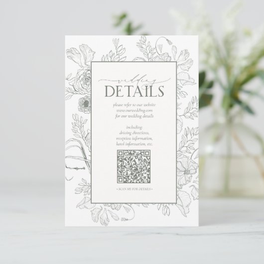 QR Code Sage Green Floral Weddenschap Details Informatiekaartje (Staand voorkant)