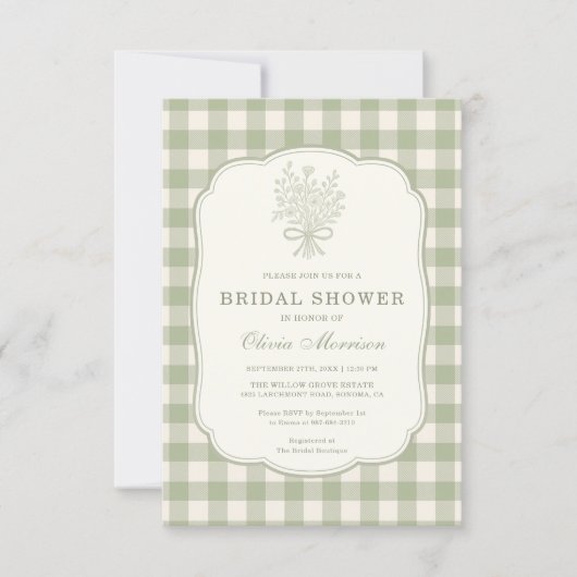 QR Code Sage Green Gingham Floral Bridal Shower Kaart (Voorkant)