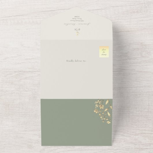 QR Code Sage Green Gold Floral Wedding All In One Uitnodiging (Buitenkant)