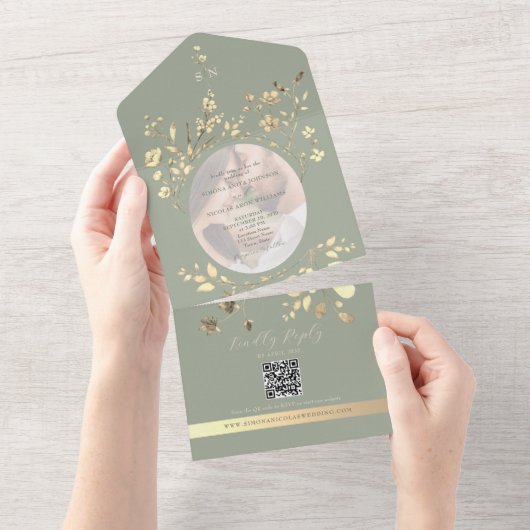 QR Code Sage Green Gold Floral Wedding All In One Uitnodiging (Afscheurbaar)