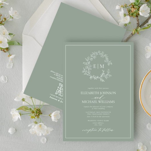 QR Code Sage Green Leafy Crest Monogram Weddenscha Kaart