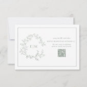 QR Code Sage Green Leafy Crest Monogram Weddenscha RSVP Kaartje (Achterkant)