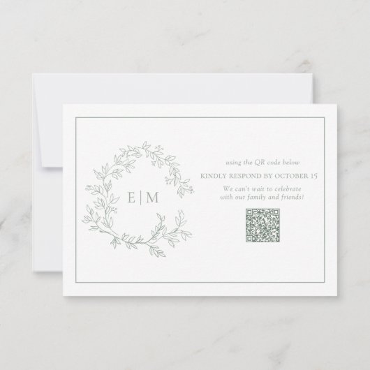 QR Code Sage Green Leafy Crest Monogram Weddenscha RSVP Kaartje (Achterkant)