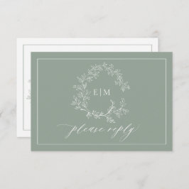 QR Code Sage Green Leafy Crest Monogram Weddenscha RSVP Kaartje
