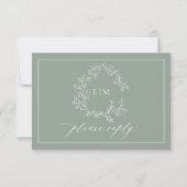 QR Code Sage Green Leafy Crest Monogram Weddenscha RSVP Kaartje (Voorkant)