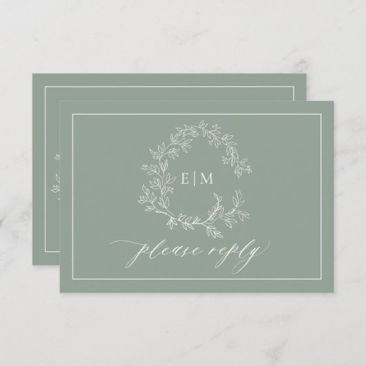 QR Code Sage Green Leafy Crest Monogram Weddenscha RSVP Kaartje (Voorkant / Achterkant)
