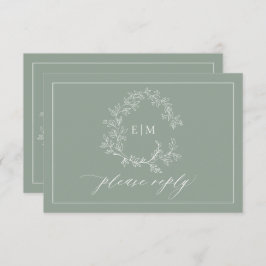 QR Code Sage Green Leafy Crest Monogram Weddenscha RSVP Kaartje