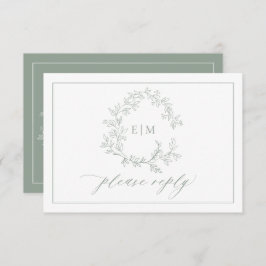 QR Code Sage Green Leafy Crest Monogram Weddenscha RSVP Kaartje