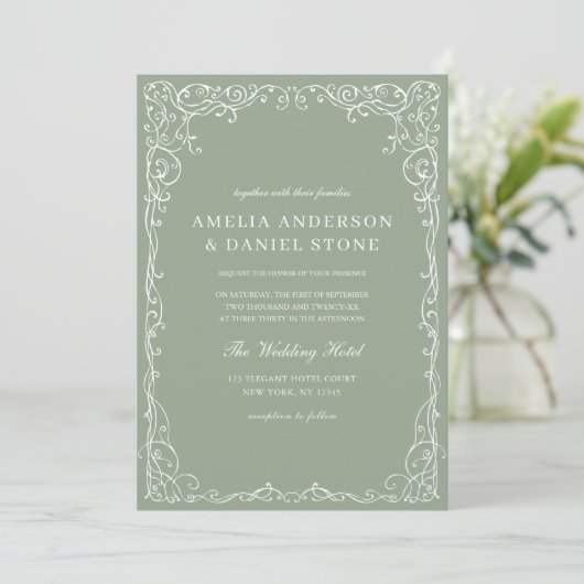 QR Code Sage Green Minimal Wedding Kaart (Staand voorkant)