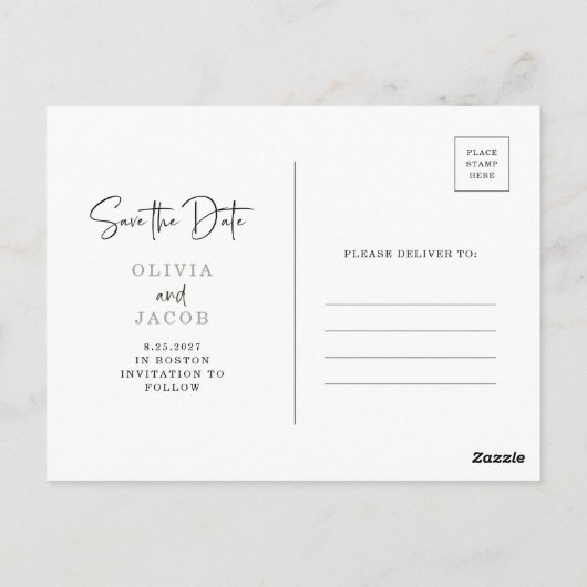 QR-code | Sage Green Moderne Foto Sla de datum op Briefkaart (Achterkant)