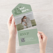 QR-code | Sage Green Overlay Photo Script Weddensc All In One Uitnodiging (Afscheurbaar)