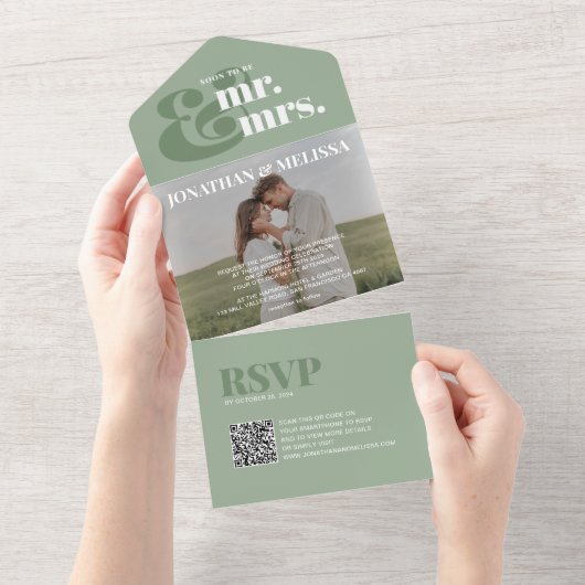 QR-code | Sage Green Overlay Photo Script Weddensc All In One Uitnodiging (Afscheurbaar)