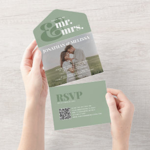 QR-code   Sage Green Overlay Photo Script Weddensc All In One Uitnodiging