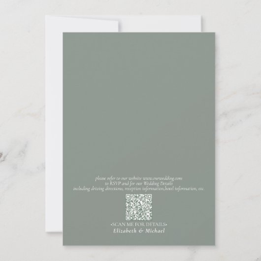 QR Code Sage Green Rustic Wood Script Weddenschap  Kaart (Achterkant)