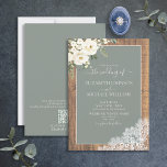 QR Code Sage Green Rustic Wood Script Weddenschap  Kaart<br><div class="desc">Stap in een rustige en droomwereld met onze Sage Green Eucalyptus White Floral Wood Lace Wedding Invitation met QR Code RSVP & Wedding Details op de achterkant van de kaart. Deze elegante uitnodiging is voorzien van een charmante combinatie van roestachtige en botanische elementen, waaronder delicate eucalyptusgrienery, pristine witte floralen en...</div>