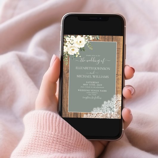 QR Code Sage Green Rustic Wood Script Weddenschap  Kaart