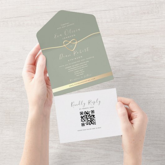 QR Code Sage Green Wedding All In One Uitnodiging (Afscheurbaar)