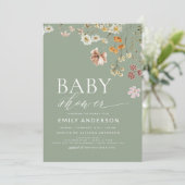 QR Code Sage Green Wildflower Baby shower Kaart (Staand voorkant)