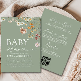 QR Code Sage Green Wildflower Baby shower Kaart