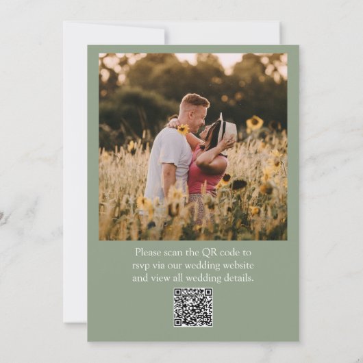 QR Code Sage Groen Foto Boho Moderne Trouwdag Kaart (Achterkant)