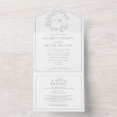 QR-code Sage groene bladereuze wapen monogram trou All In One Uitnodiging (Binnen)