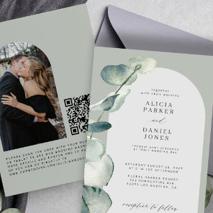 QR CODE salie groen eucalyptus boog FOTO bruiloft Kaart