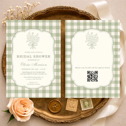 QR Code Salie Groen Gingham Bloemachtige Bruidsbor Kaart