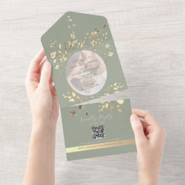 QR Code Salie Groen Goud Bloem Bruiloft All In One Uitnodiging